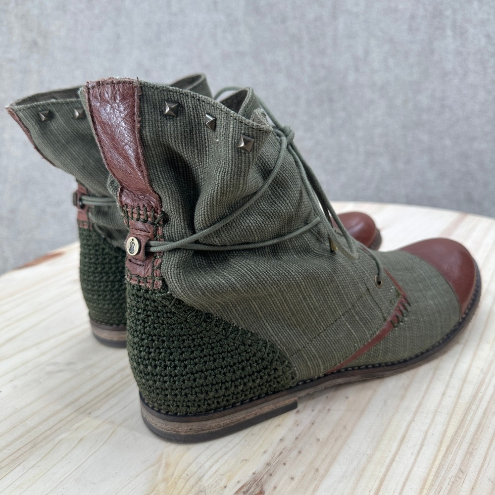 The Sak Ankle Boots 8 Olive Green Canvas Brown Leather Cap Toe Studded Lace Up - Picture 10 of 14
